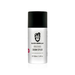 Slick Gorilla Hair Styling Cream bottle closeup shows lightweight, versatile grooming for daily looks.