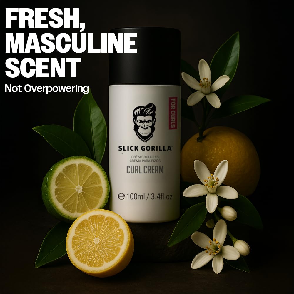 Slick Gorilla Curl Cream citrus floral scent close-up on strands.