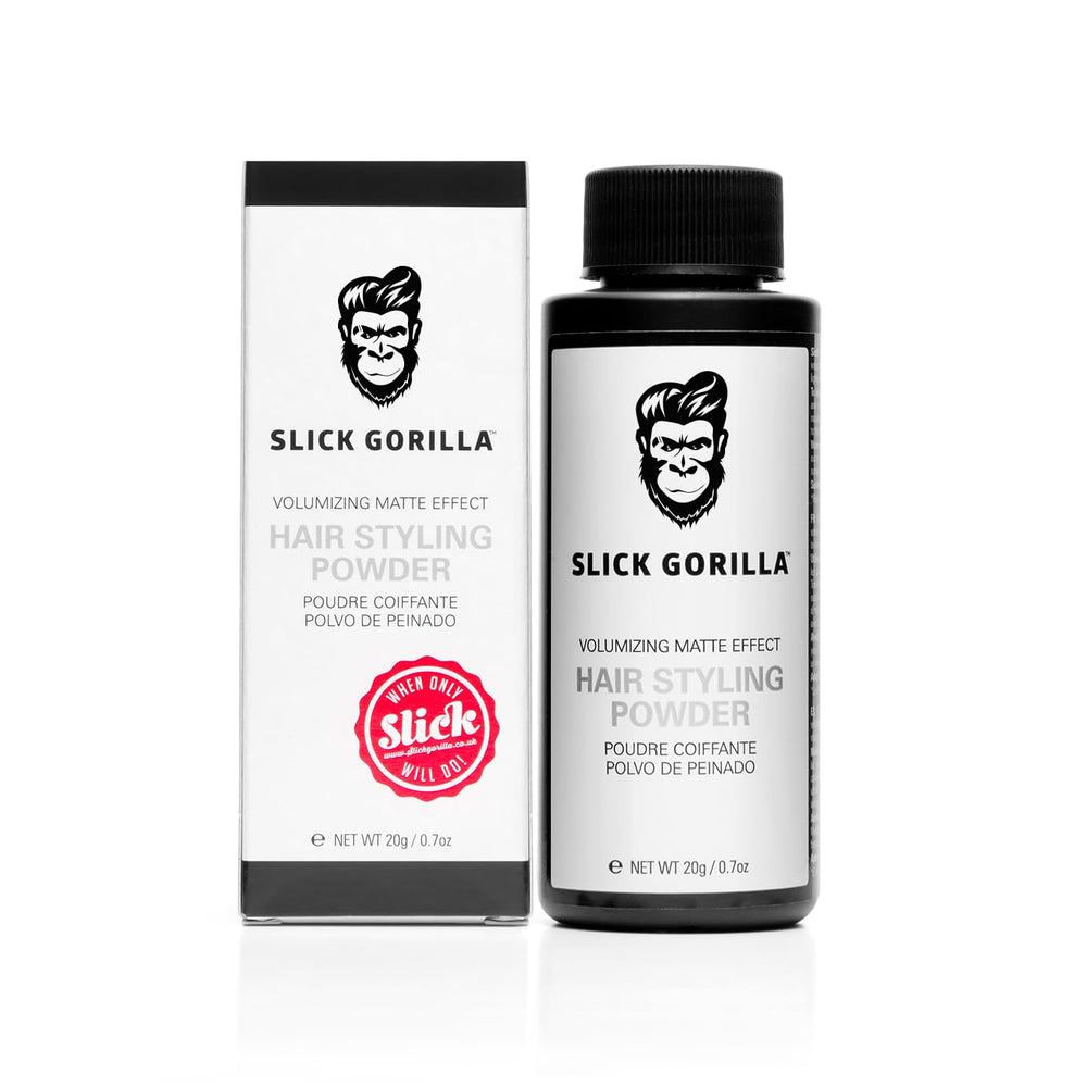 Slick Gorilla hair powder packaging in a compact tin for easy on-the-go styling.