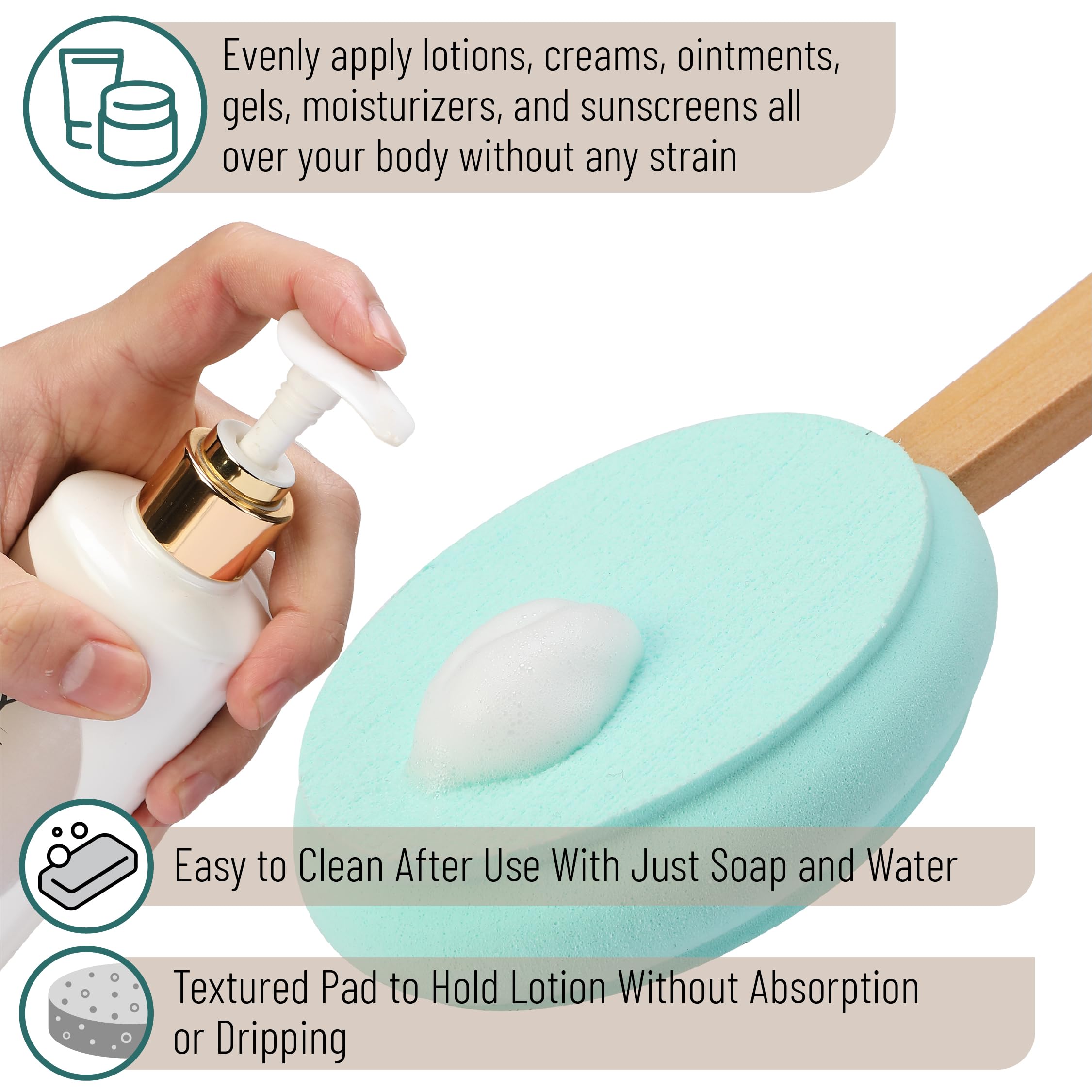 Slick Solutions applicator in use applying lotion to back for even coverage and convenience