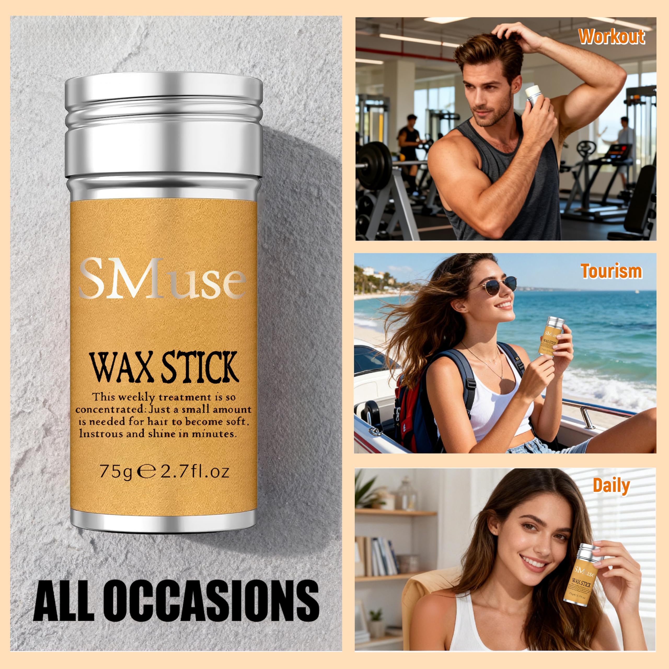 SlickMuse Hair Wax Stick packaging showing portable 2.7 oz design for travel
