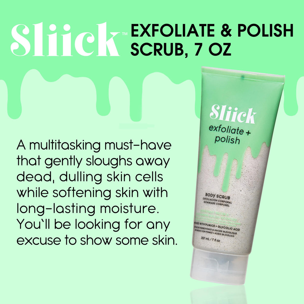 Jar of Sliick Exfoliate and Polish showing hydrating formula for refreshed skin