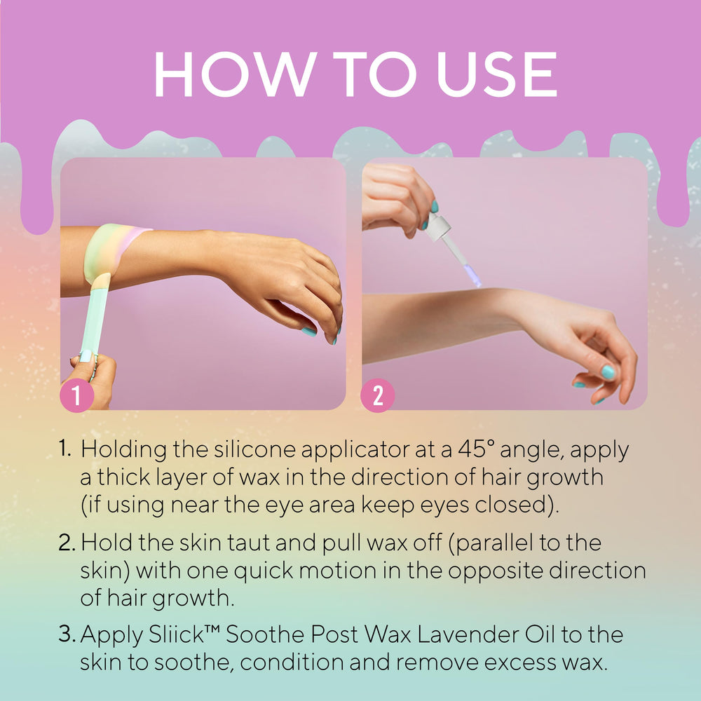 Sliick Rainbow Sherbet stripless removal on leg demonstrating mess-free waxing.