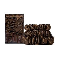 SLIP dark brown silk midi scrunchie closeup showing smooth Mulberry silk texture for gentle styling