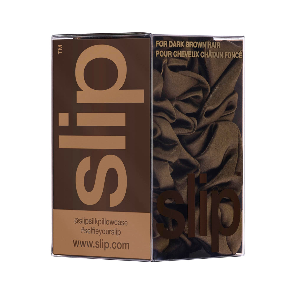 SLIP gift-ready dark brown silk scrunchie set ideal for thoughtful hair gifts