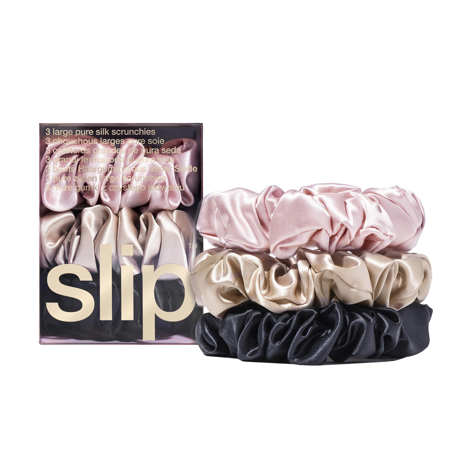 SLIP large scrunchie multi pink closeup: smooth silk reduces friction for gentler hair wear.