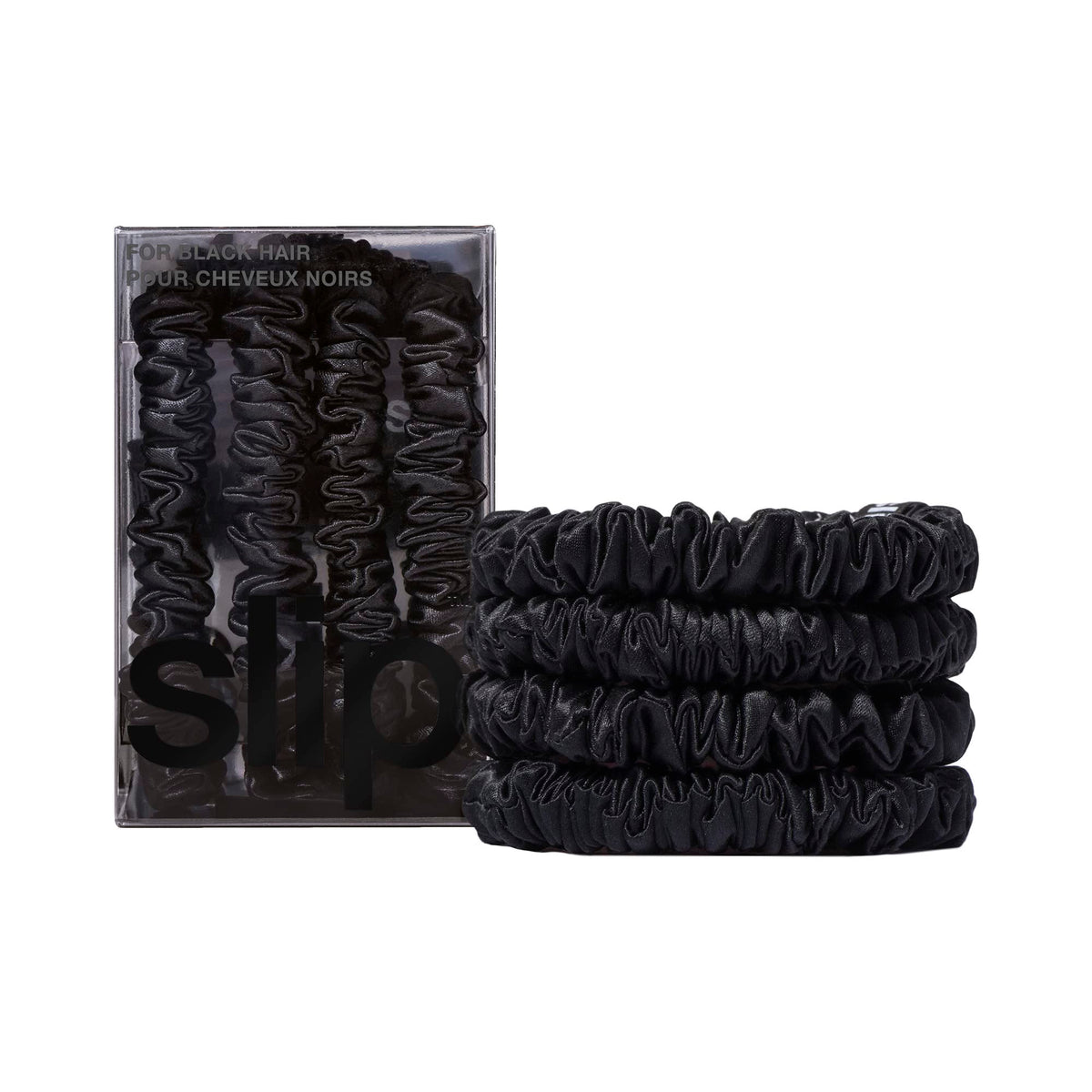 SLIP Silk Skinny Scrunchies Black set of four on flat lay for low-friction hair styling