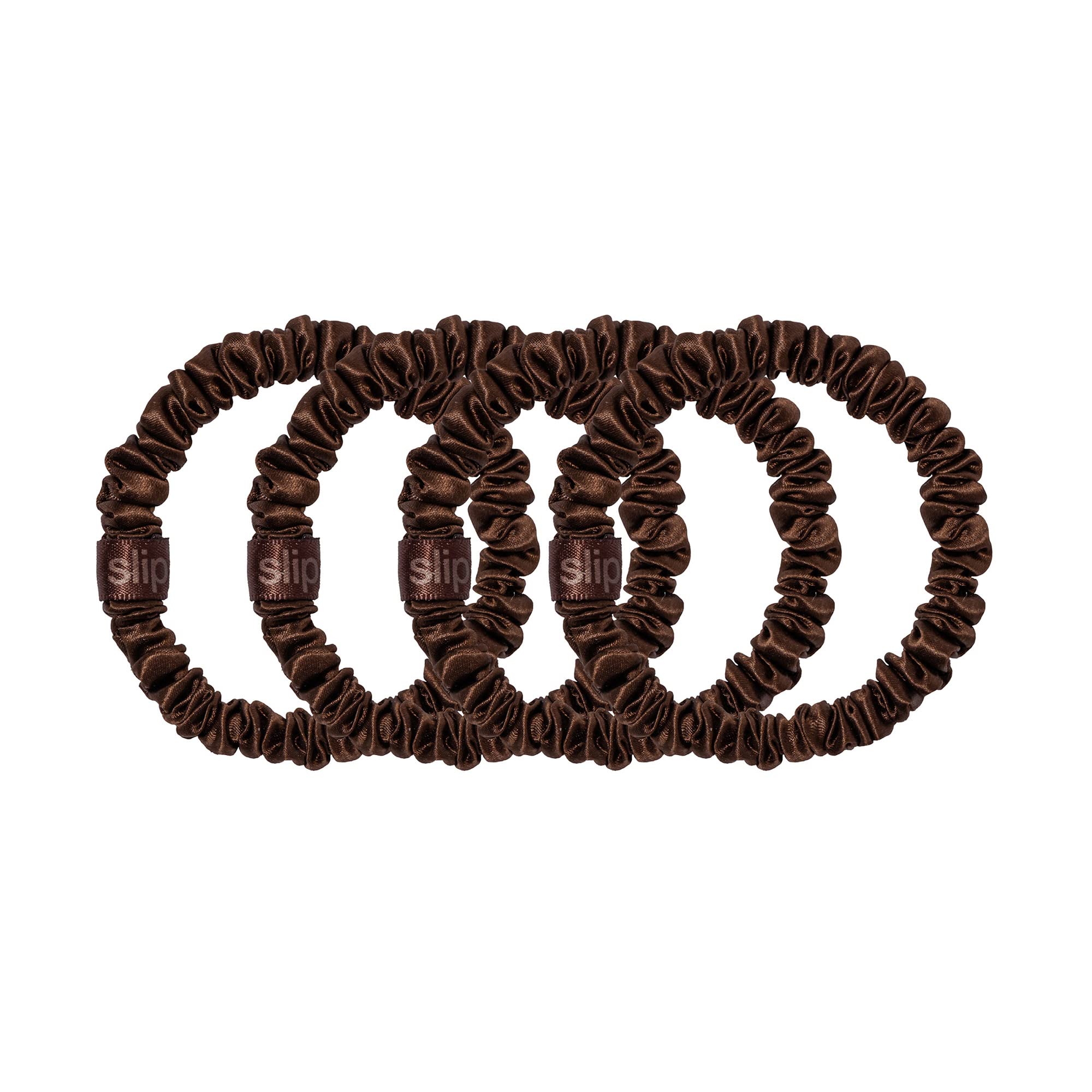 SLIP Silk Skinny Scrunchies Dark Brown ponytail close-up shows gentle hold.