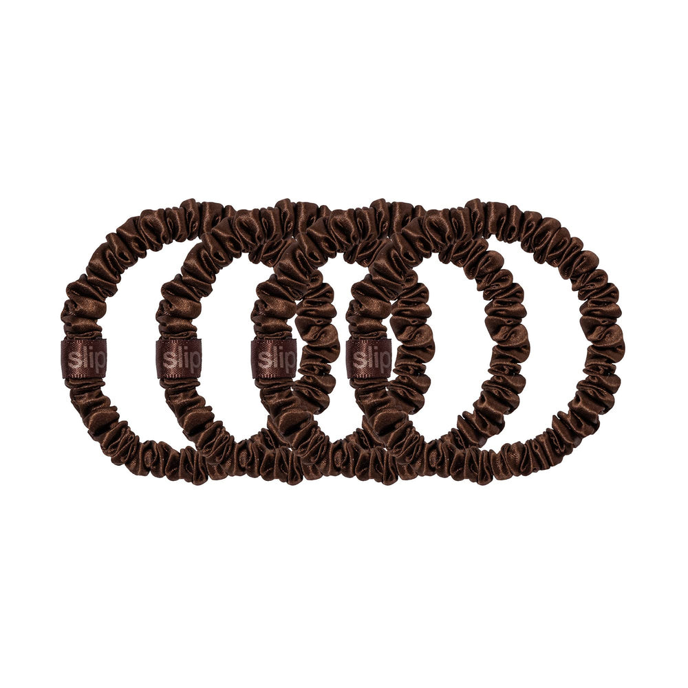 SLIP Silk Skinny Scrunchies Dark Brown ponytail close-up shows gentle hold.