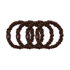 SLIP Silk Skinny Scrunchies Dark Brown ponytail close-up shows gentle hold.