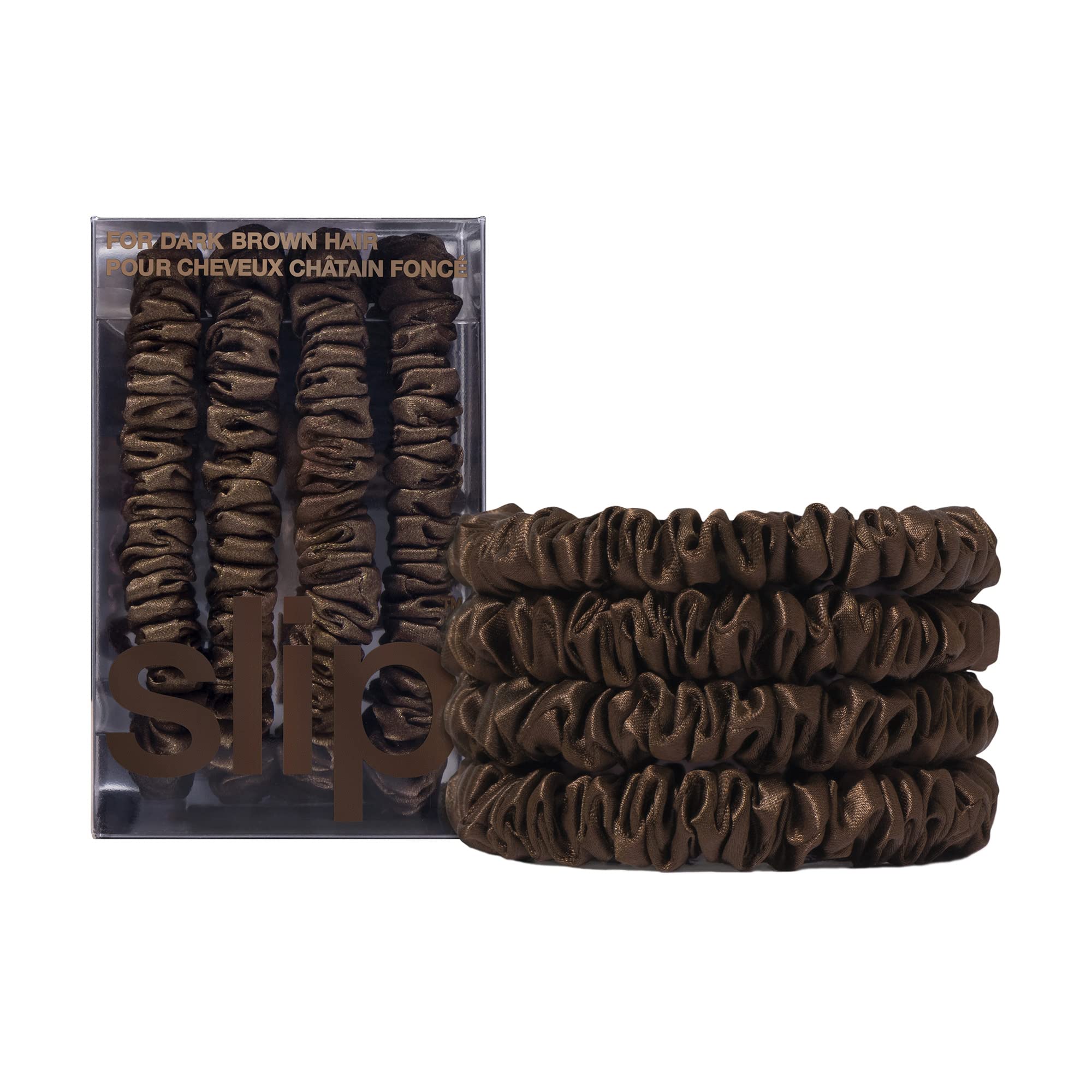 SLIP Silk Skinny Scrunchies Dark Brown set of 4 reduces friction and creases.