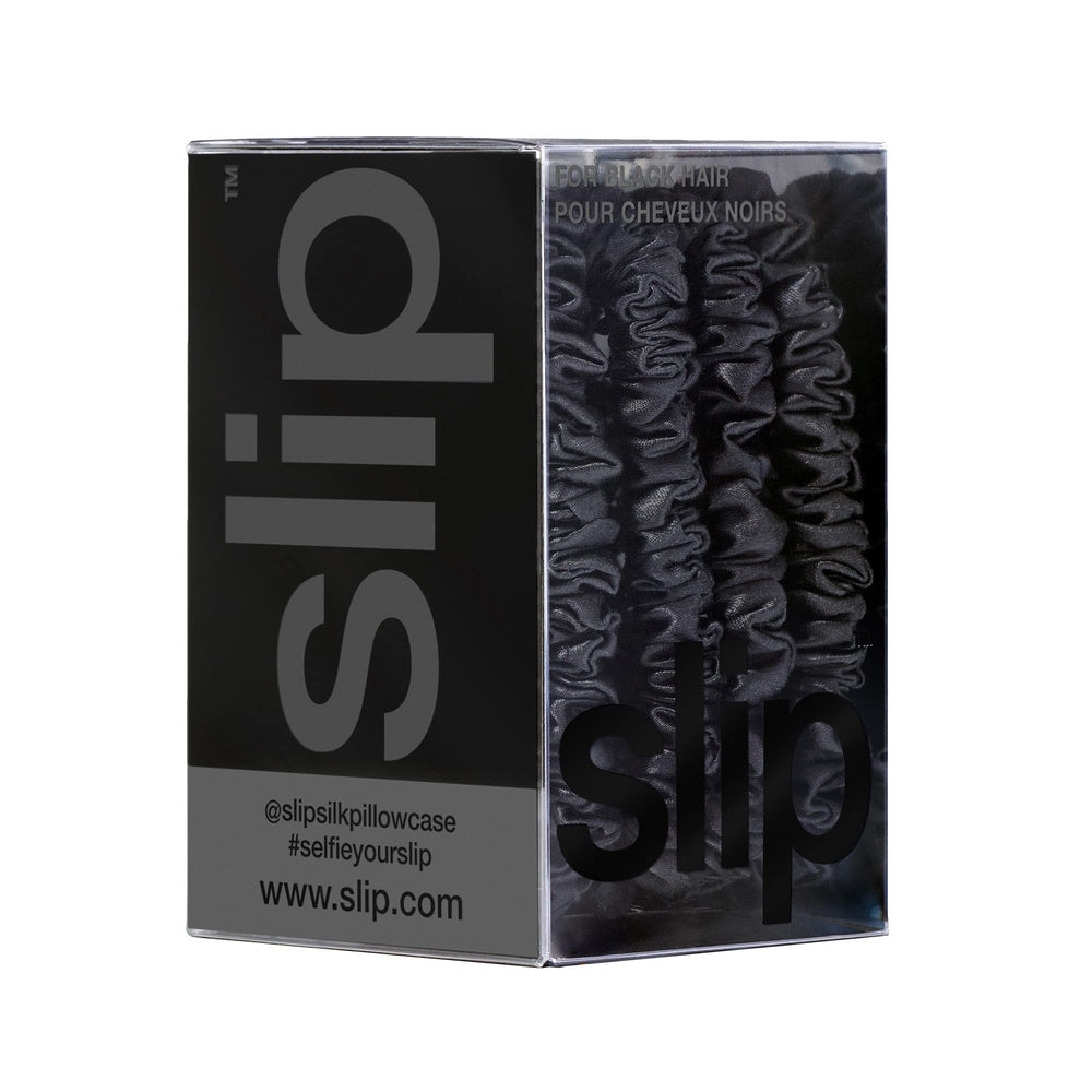 SLIP Silk Skinny Scrunchies negro cómodo y suave para dormir sin enredos.