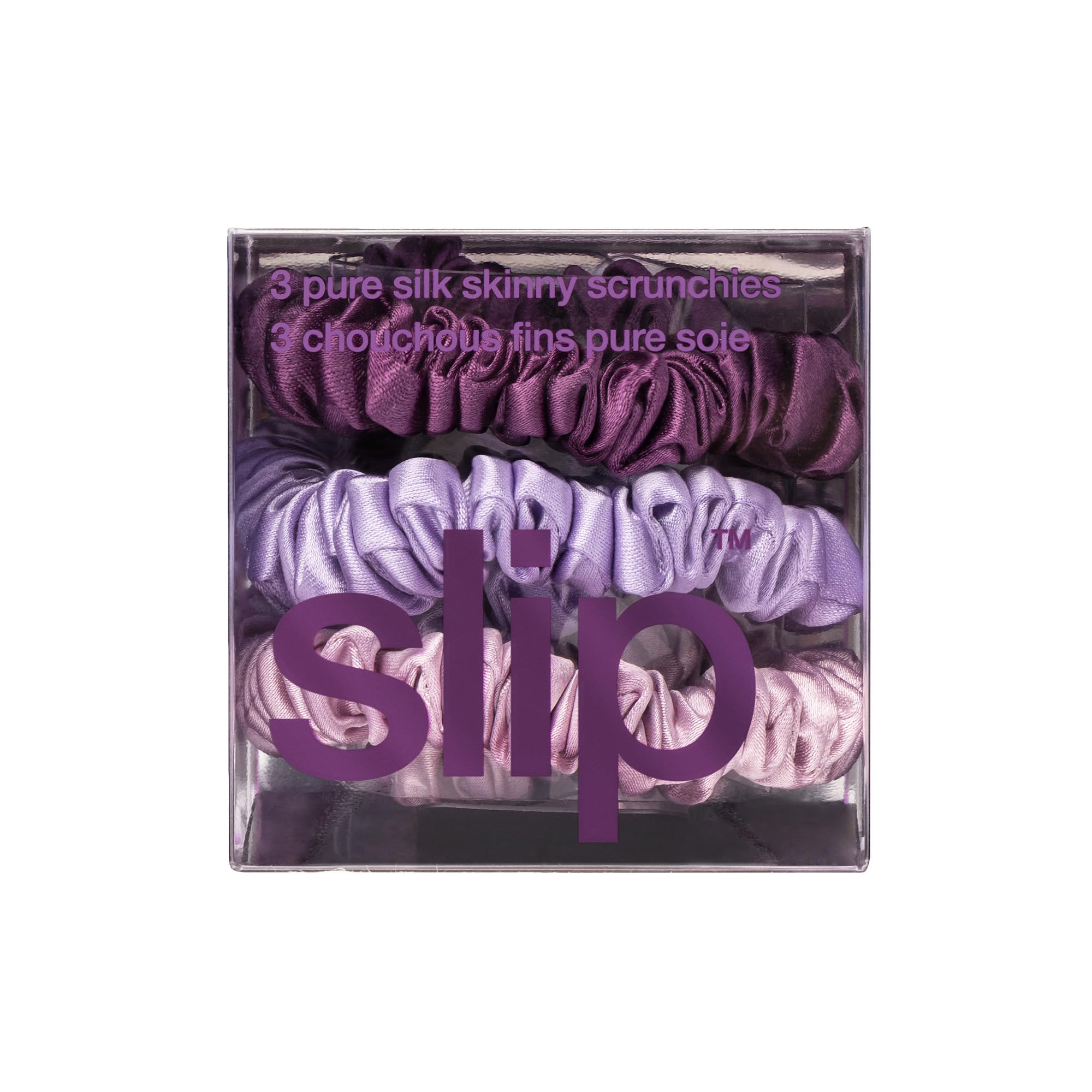 SLIP skinny scrunchies boysenberry color emphasizes anti-crease performance for day-long wear.