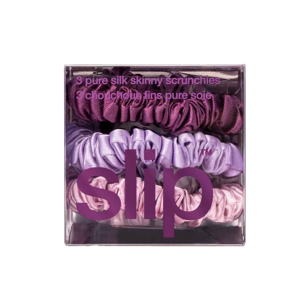 SLIP skinny scrunchies boysenberry color emphasizes anti-crease performance for day-long wear.