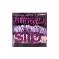 SLIP skinny scrunchies boysenberry color emphasizes anti-crease performance for day-long wear.