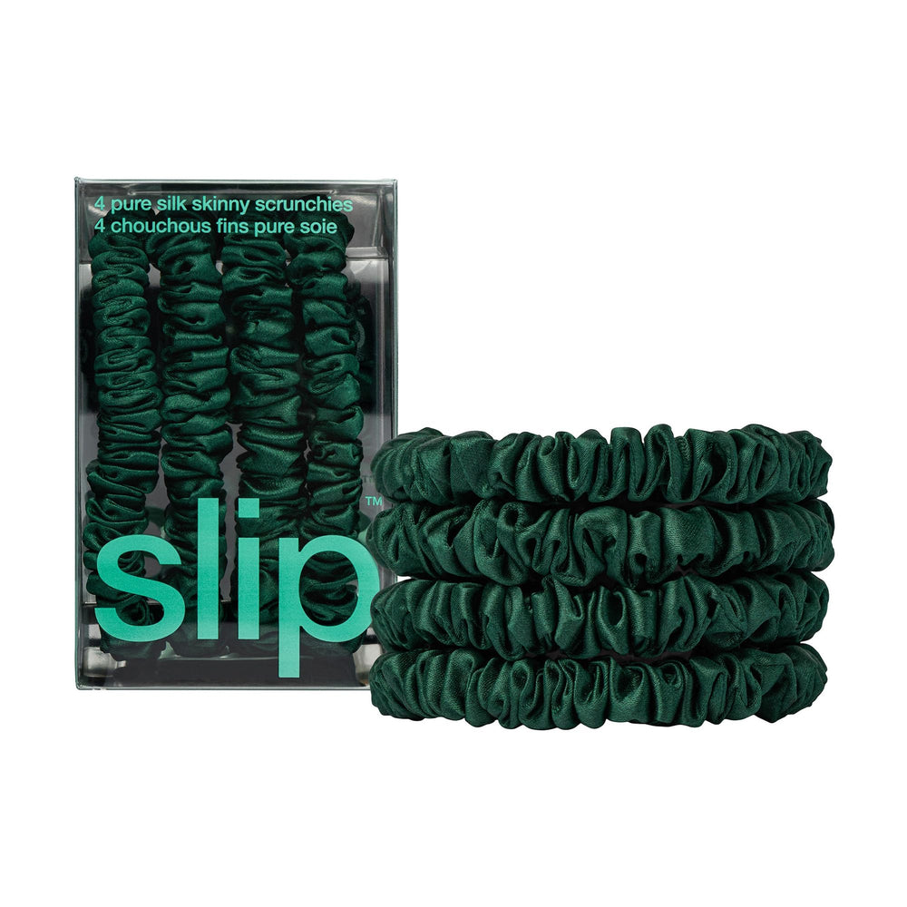 SLIP Skinny Scrunchies Forest pack closeup shows slipsilk shine and anti-crease care for delicate hair.