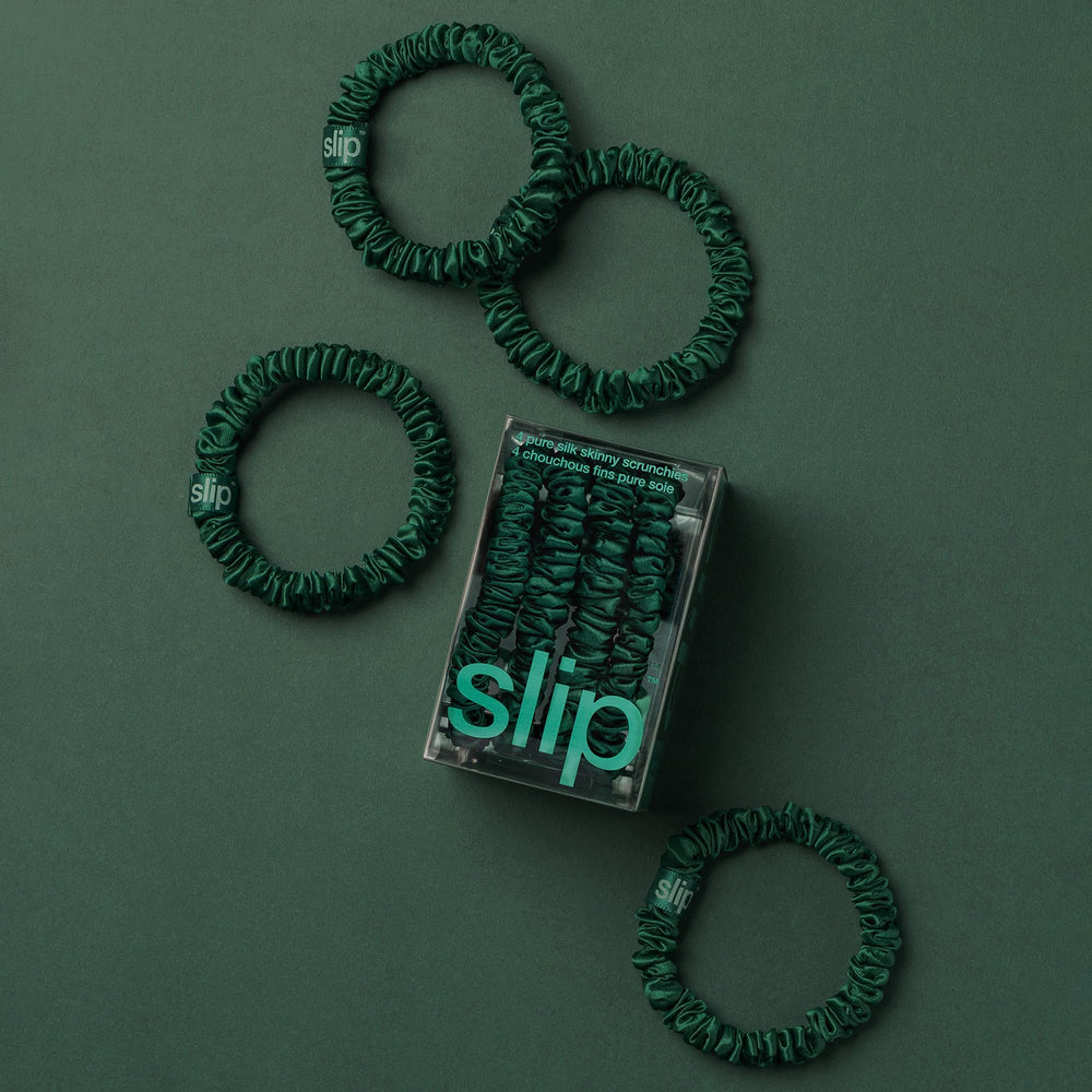 SLIP Skinny Scrunchies Forest silk texture demonstrates shine and gentle hold for delicate hair.