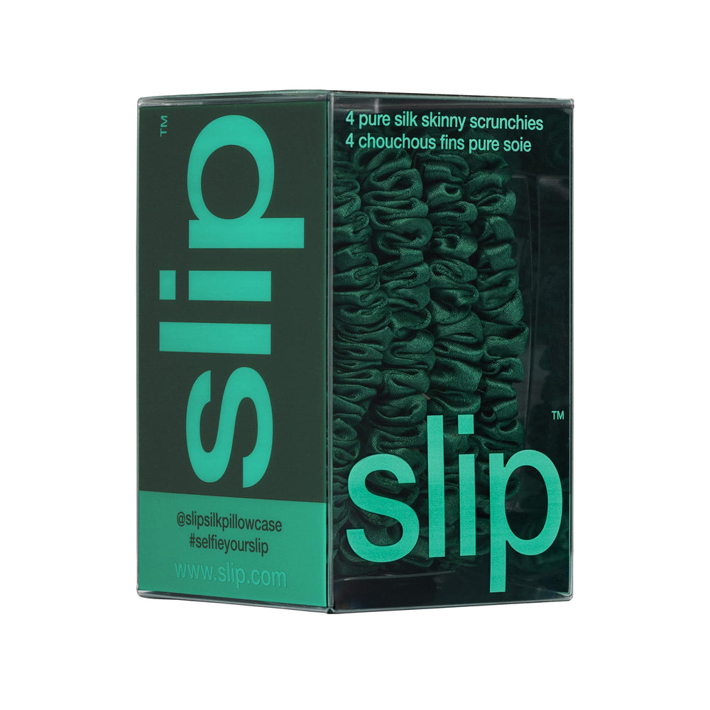 SLIP Skinny Scrunchies Forest styling options illustrate versatile looks without tugging.