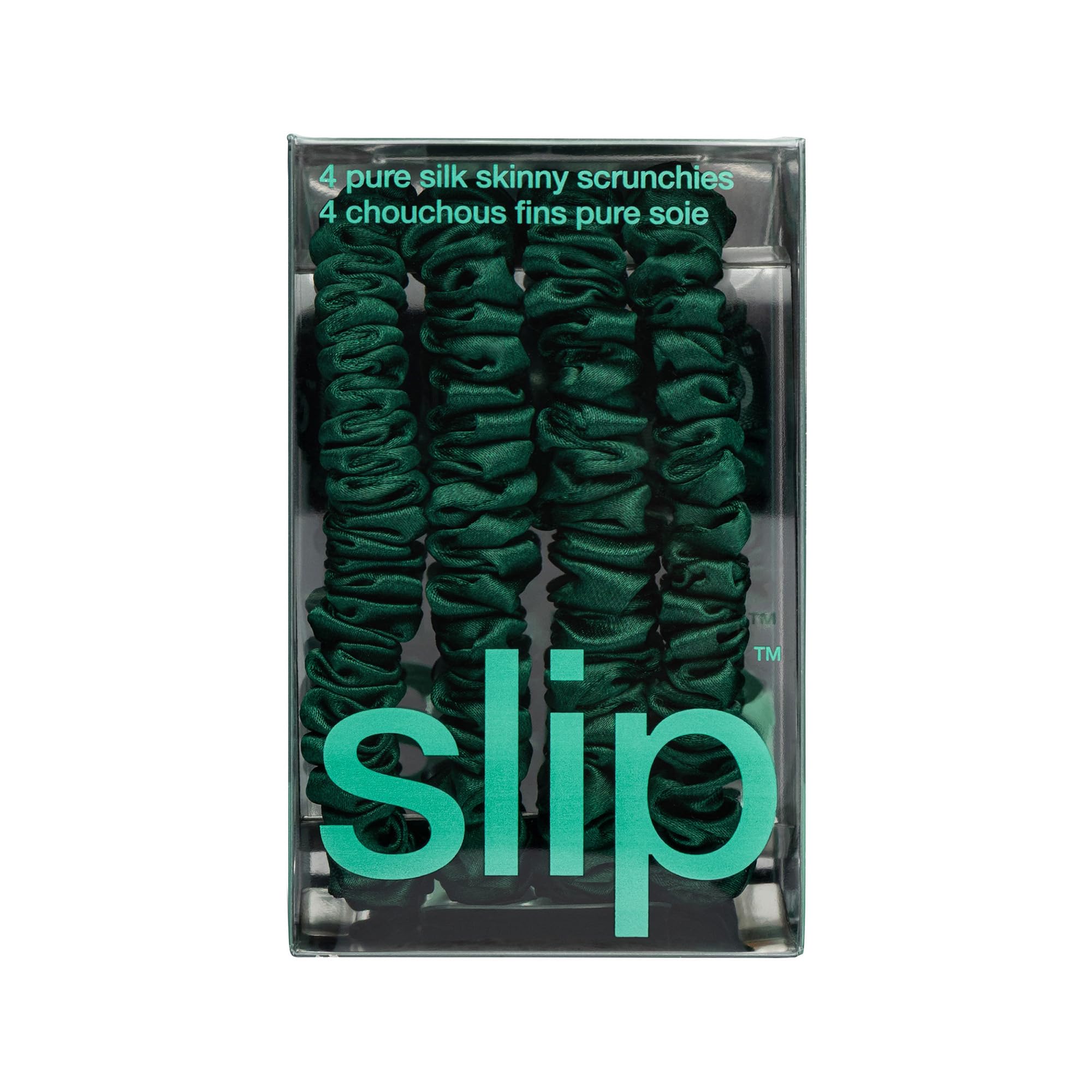 SLIP Skinny Scrunchies Forest travel-ready pack showcases durable slipsilk for on-the-go hair.