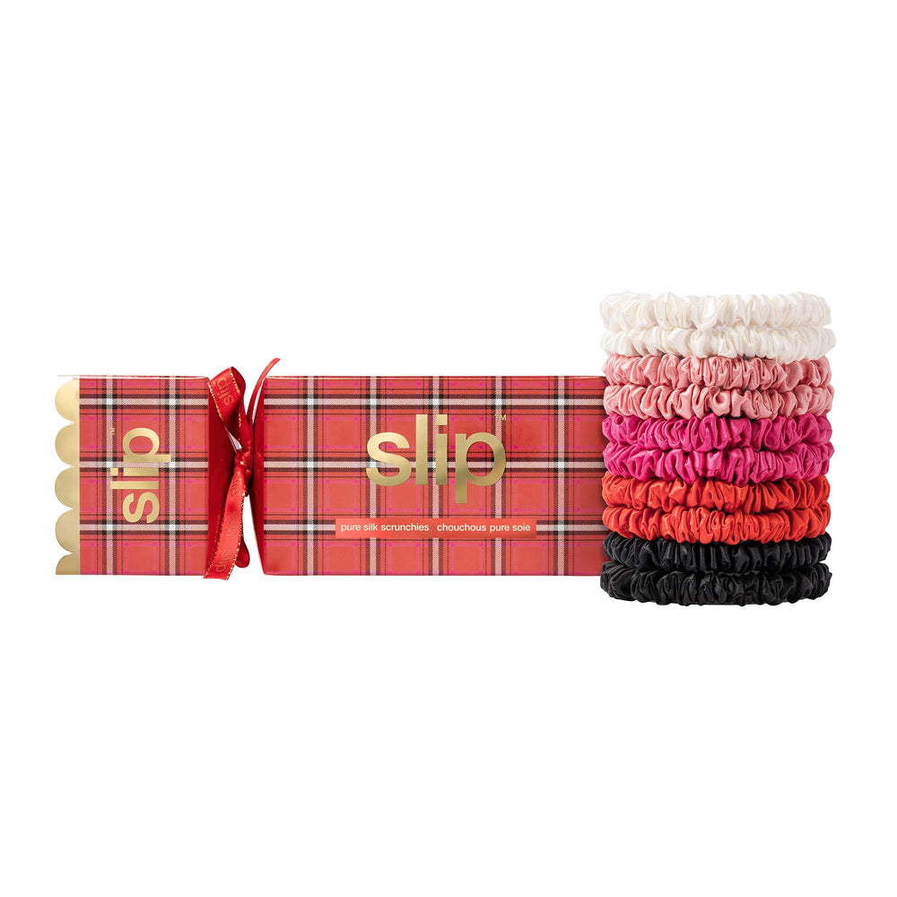 SLIP skinny scrunchies black in holiday cracker packaging, gentle all-day wear.