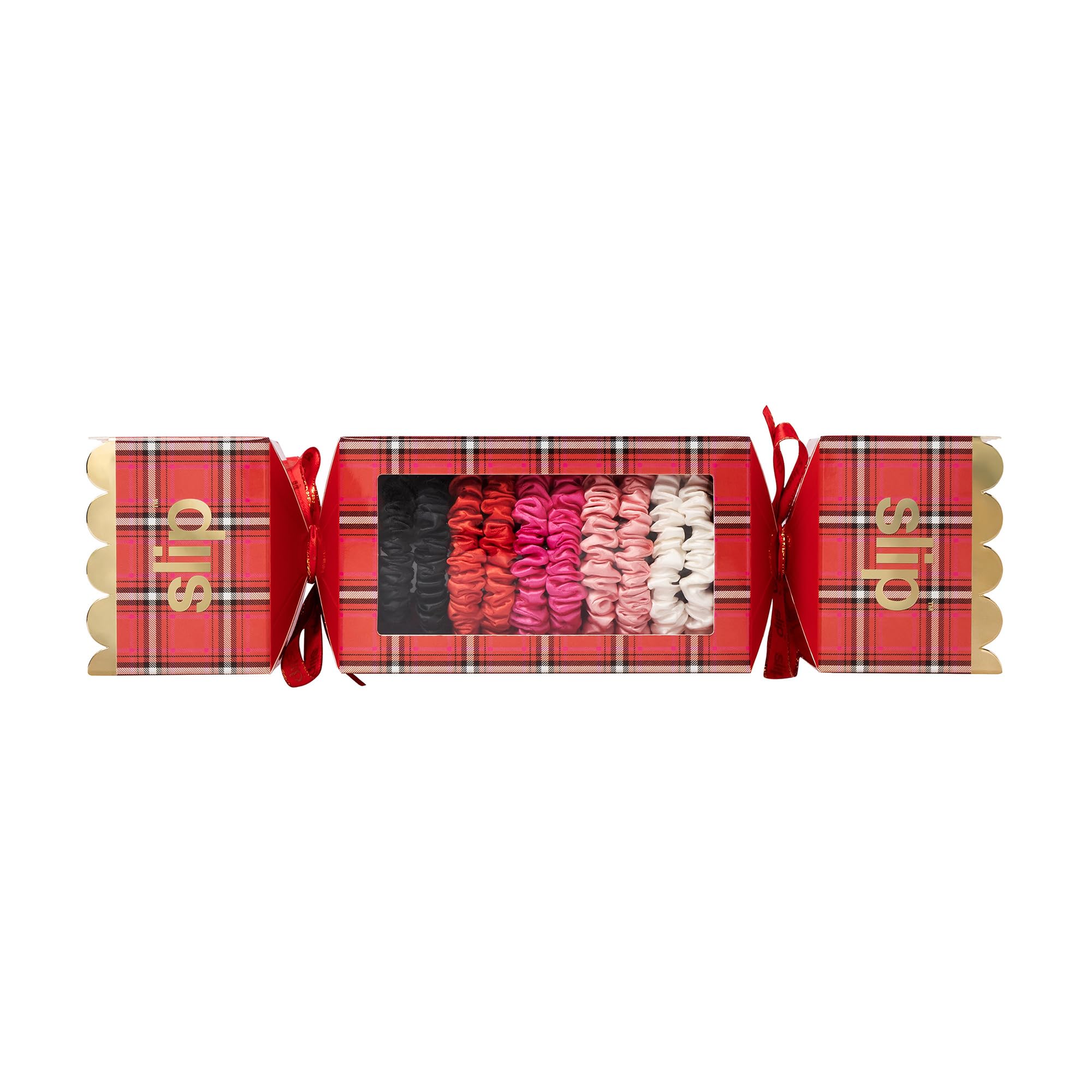 SLIP skinny scrunchies poppy in holiday cracker packaging, anti-crease styling for day-to-night looks.