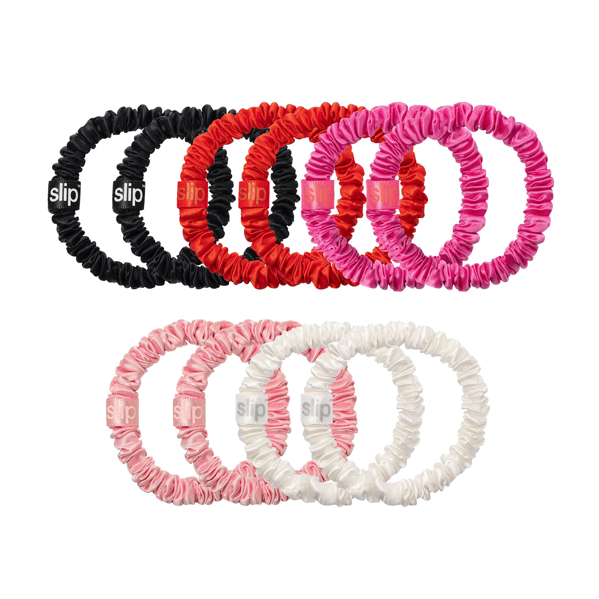 SLIP skinny scrunchies white in holiday cracker packaging, silk sheen helps prevent creasing.