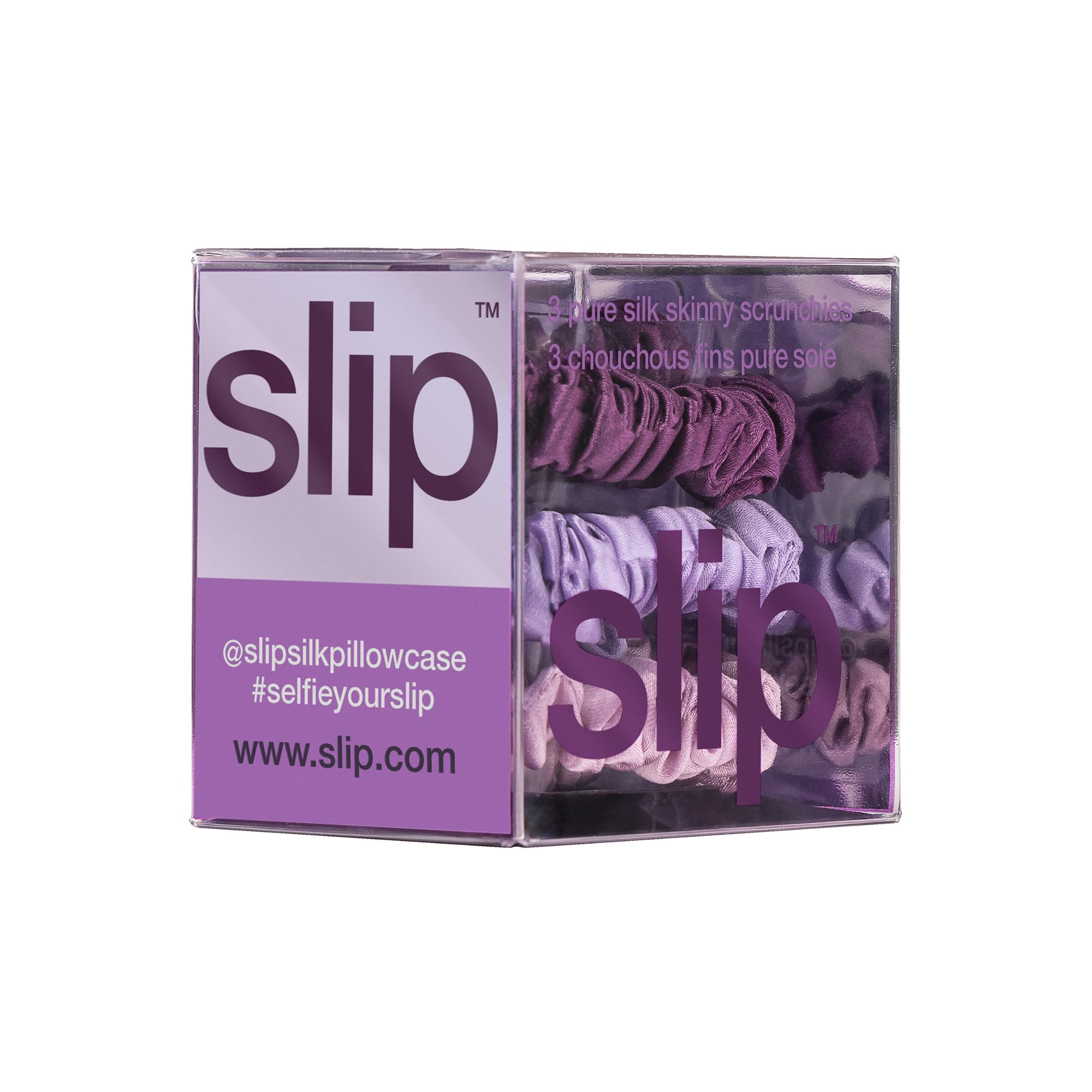 SLIP skinny scrunchies lilac highlights luxurious texture and smooth hair interaction.