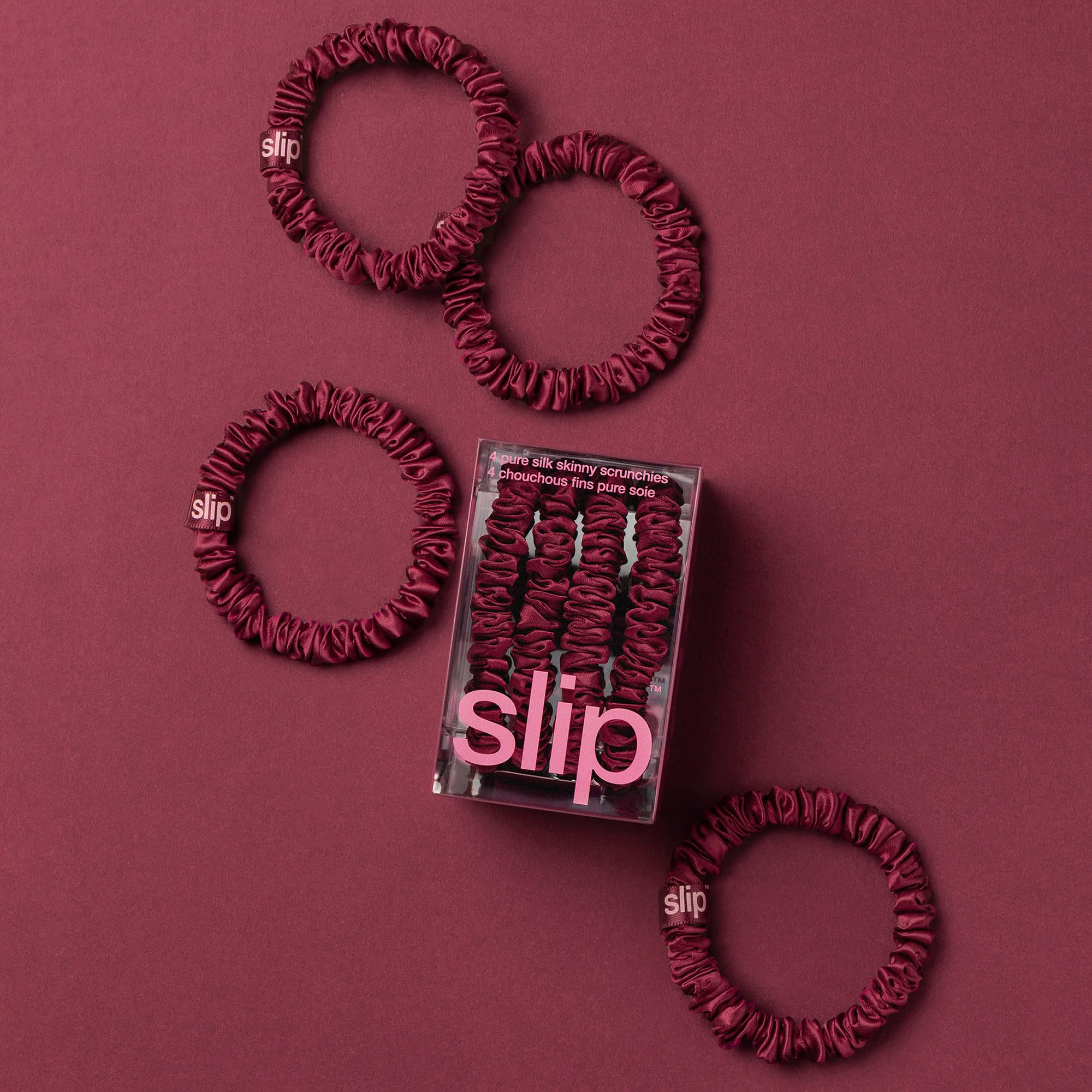 SLIP Skinny Scrunchies maroon on hair-tone example shows gentle hold without tugging