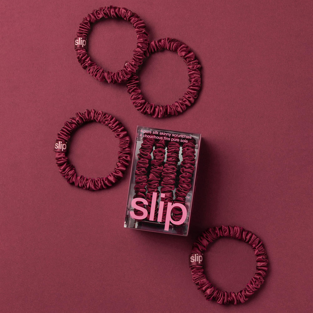 SLIP Skinny Scrunchies maroon on hair-tone example shows gentle hold without tugging