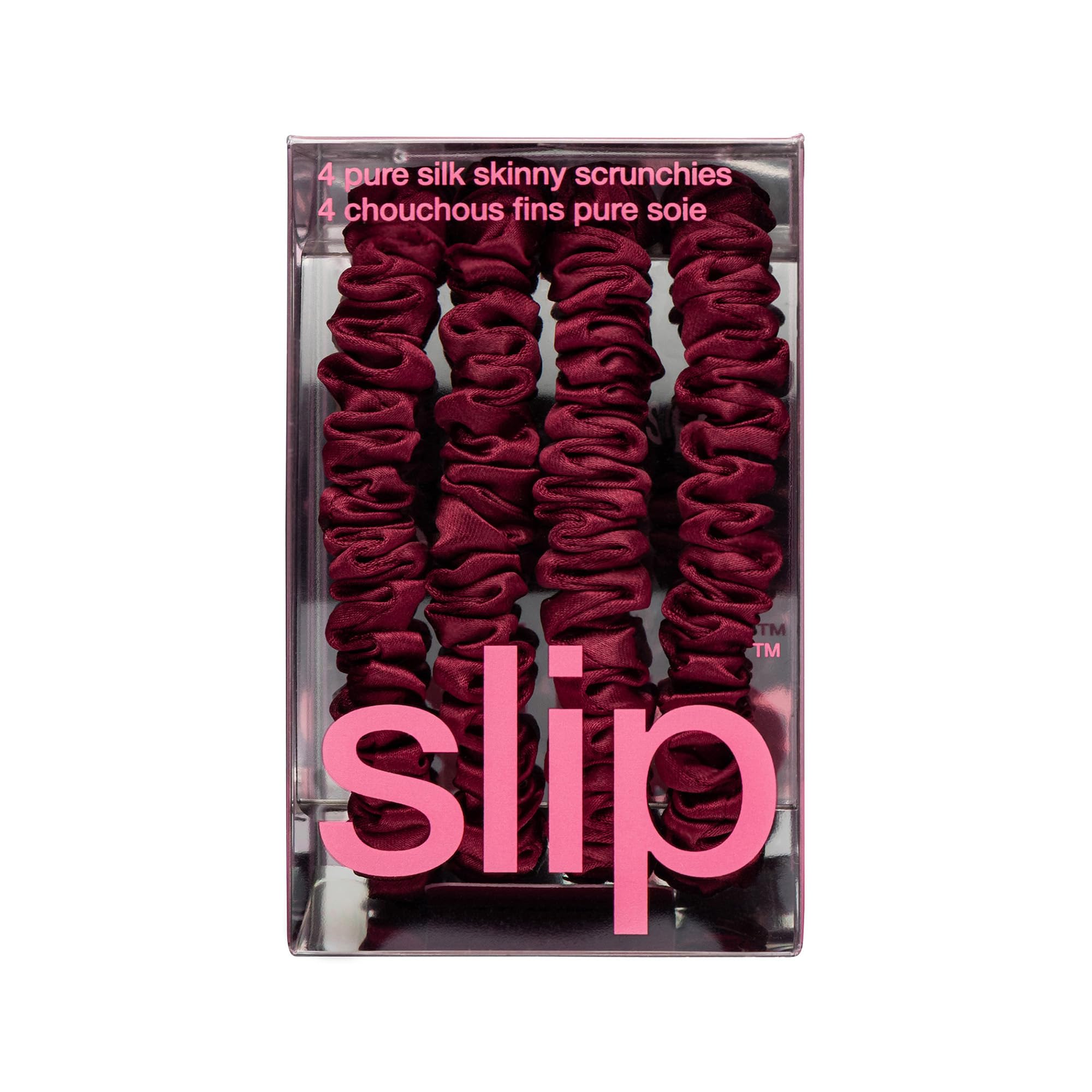 SLIP Skinny Scrunchies maroon four-pack packaging display communicates complete set for daily hair care