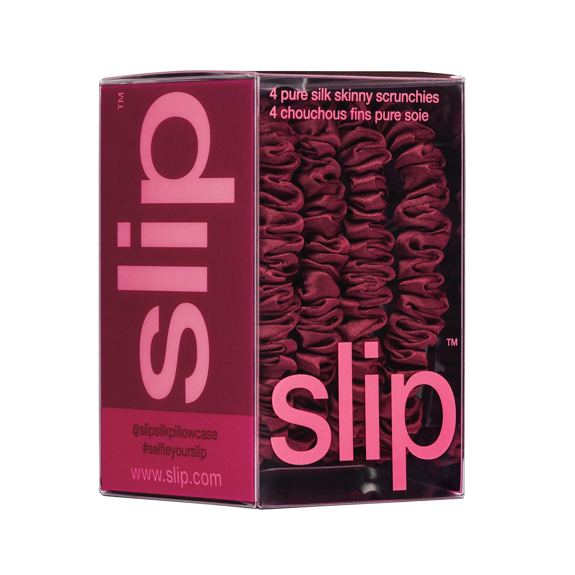 SLIP Skinny Scrunchies maroon product-pack studio shot emphasizing premium slipsilk construction