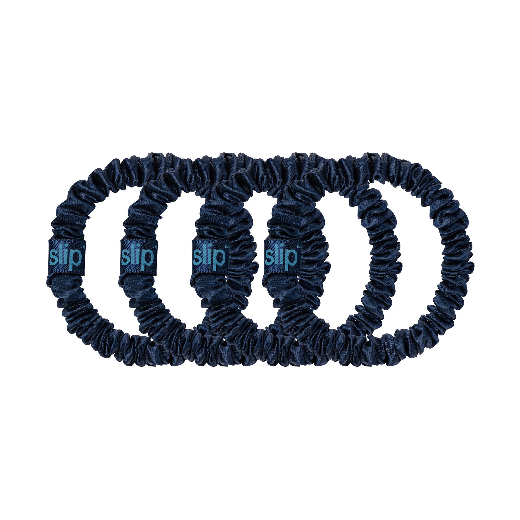 SLIP Skinny Scrunchies Navy close-up highlighting smooth texture and silk sheen.