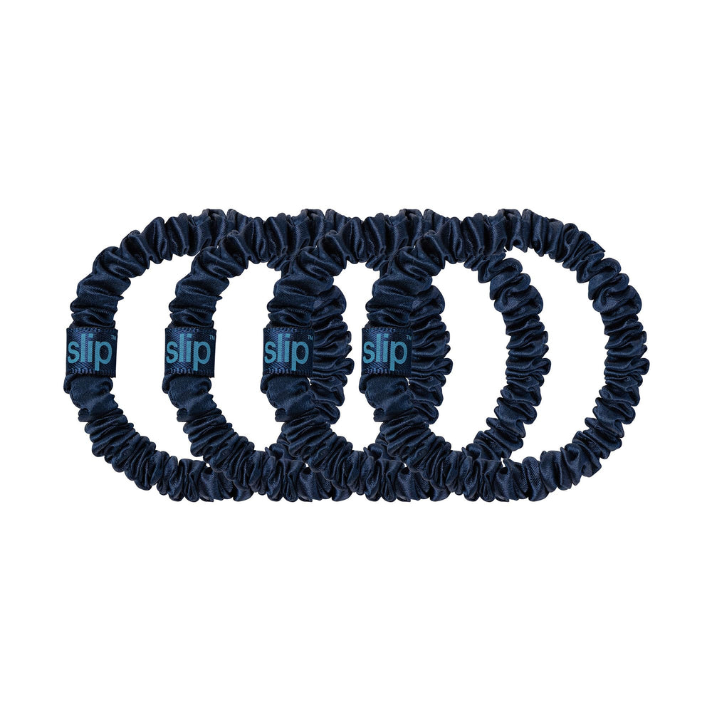 SLIP Skinny Scrunchies Navy close-up highlighting smooth texture and silk sheen.