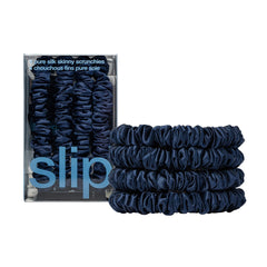 SLIP Skinny Scrunchies Navy front view pack showing glossy slipsilk for gentle, all-day hold.