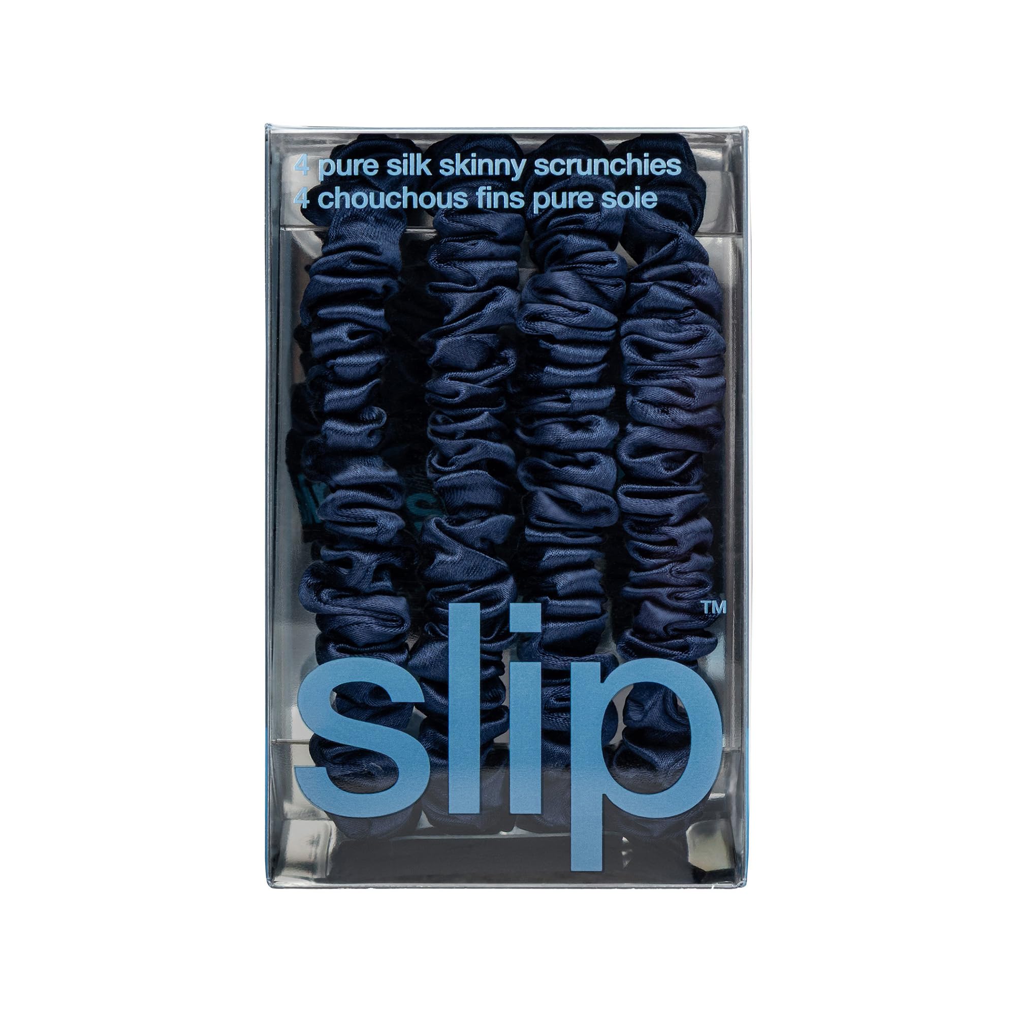 SLIP Skinny Scrunchies Navy unpacked showing four navy silk scrunchies for styling.