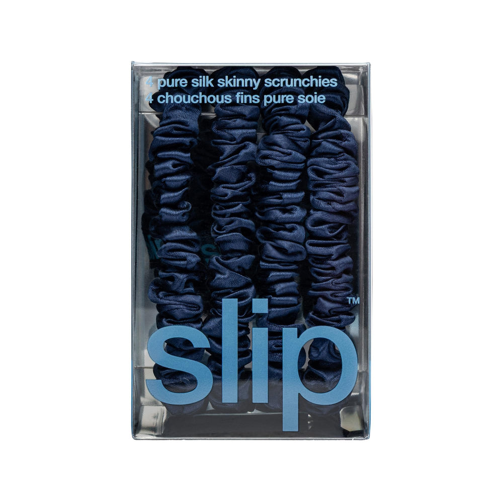 SLIP Skinny Scrunchies Navy unpacked showing four navy silk scrunchies for styling.