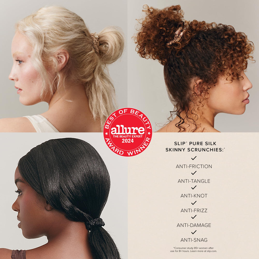 SLIP Skinny Scrunchies on hand demonstrate gentle grip for day-to-night styling.