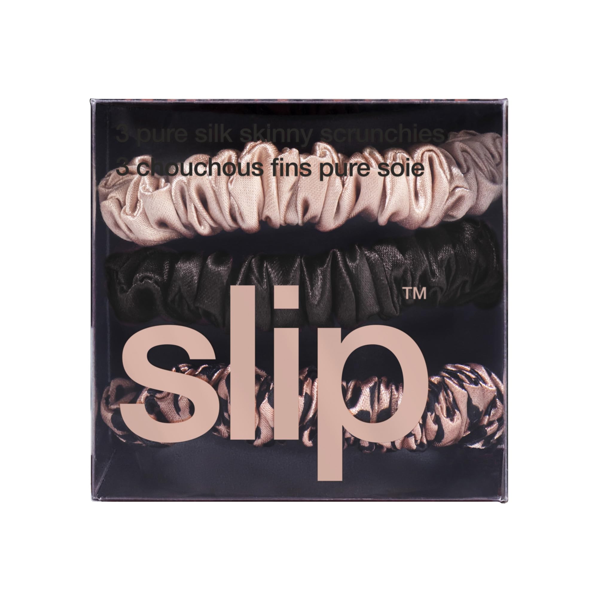 SLIP Skinny Scrunchies rose gold leopard color delivers stylish, non-slip grip for daily styling.