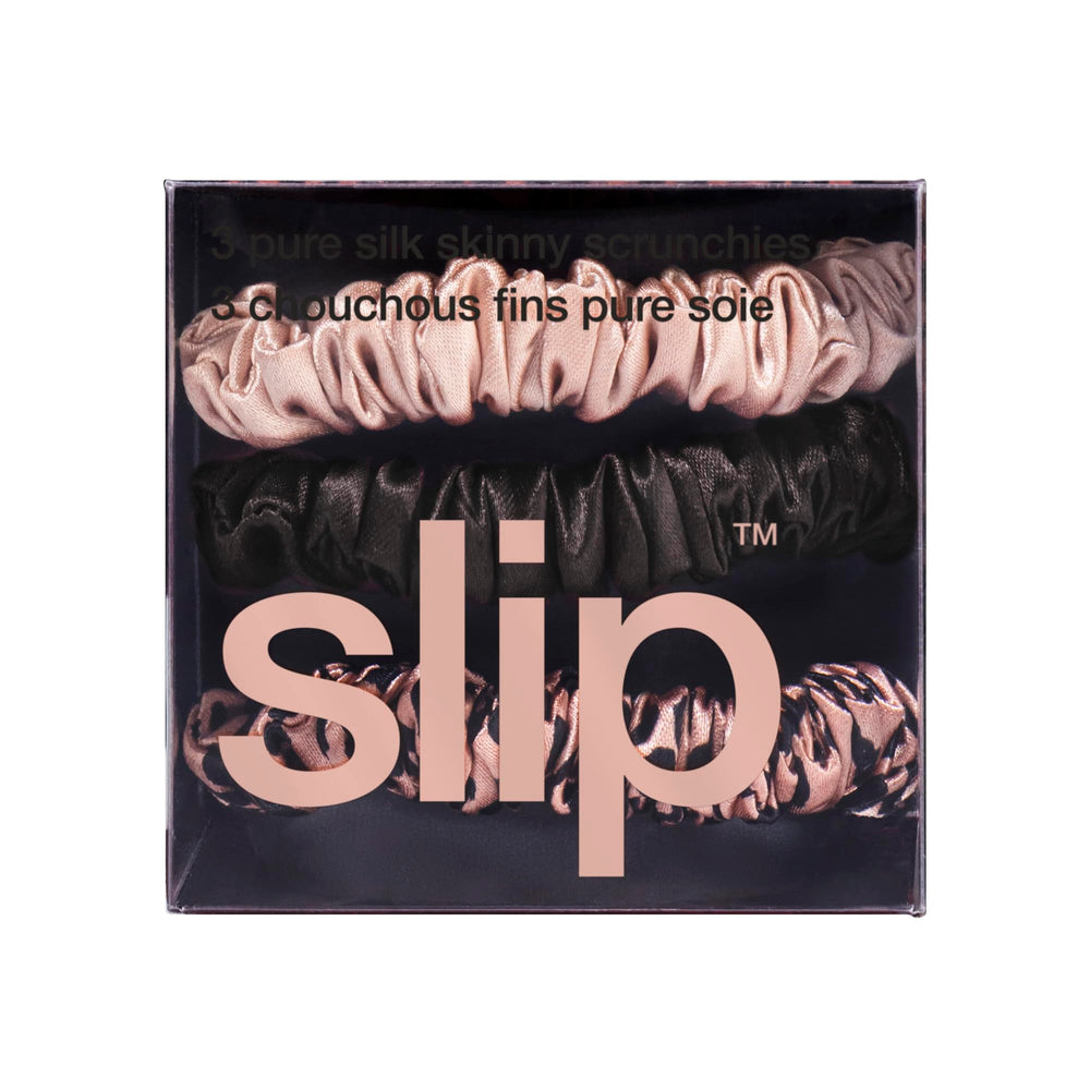 SLIP Skinny Scrunchies rose gold leopard color delivers stylish, non-slip grip for daily styling.