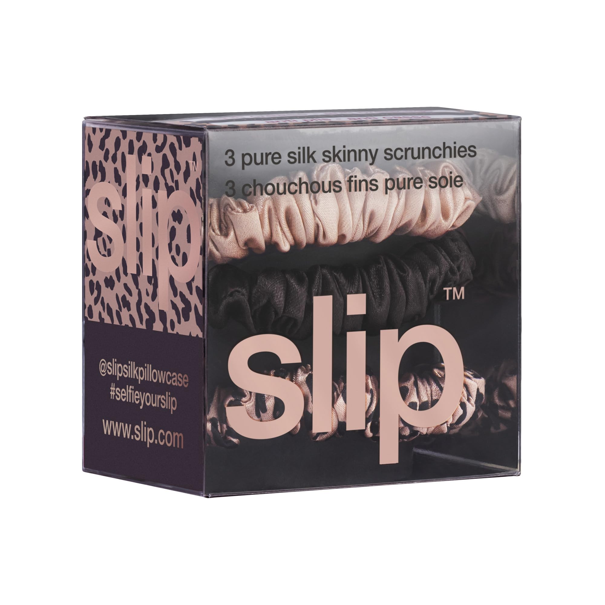 SLIP Skinny Scrunchies rose gold pure silk delivers luxurious shine with soft support for fragile hair.