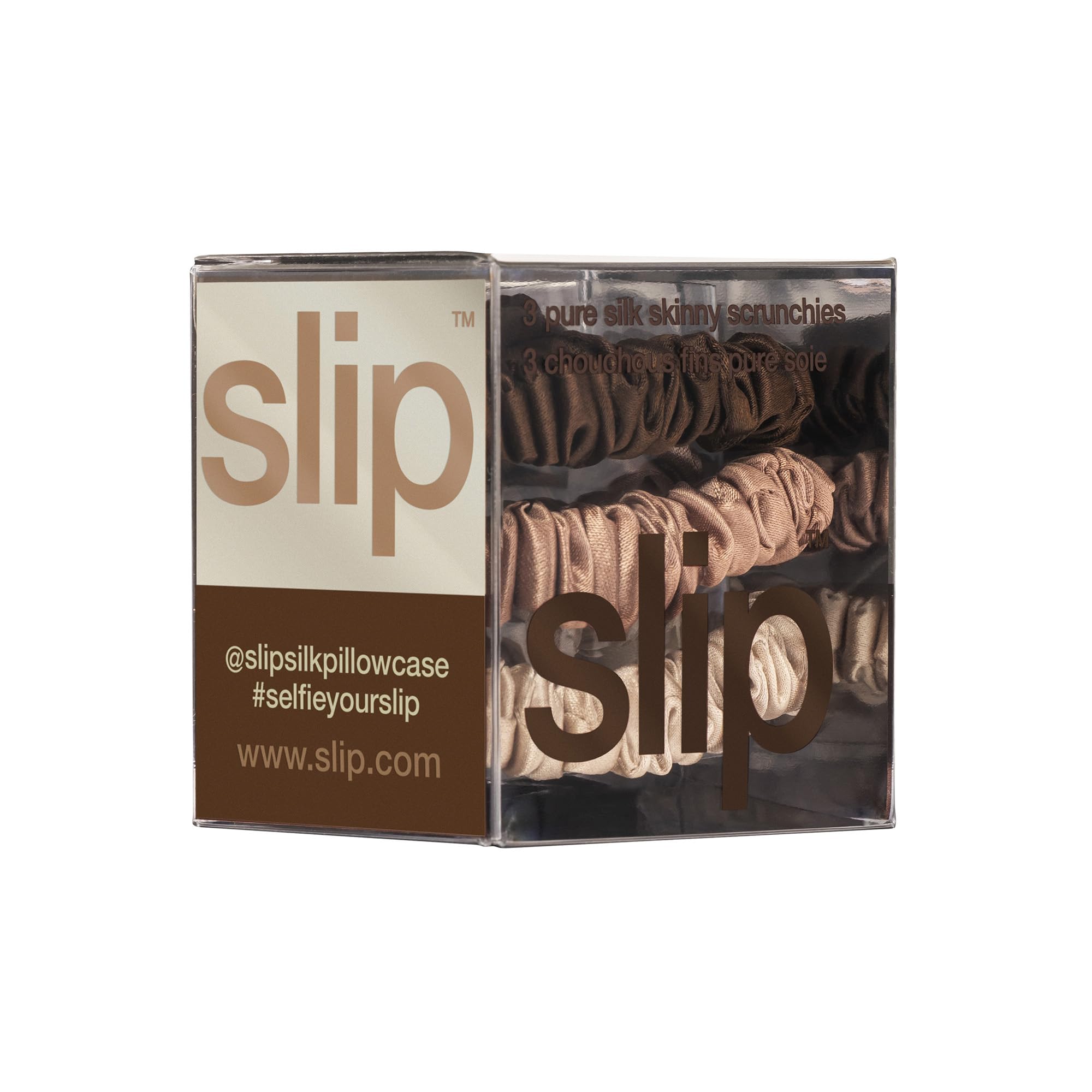 Slipsilk skinny scrunchies light brown closeup for versatile styling.