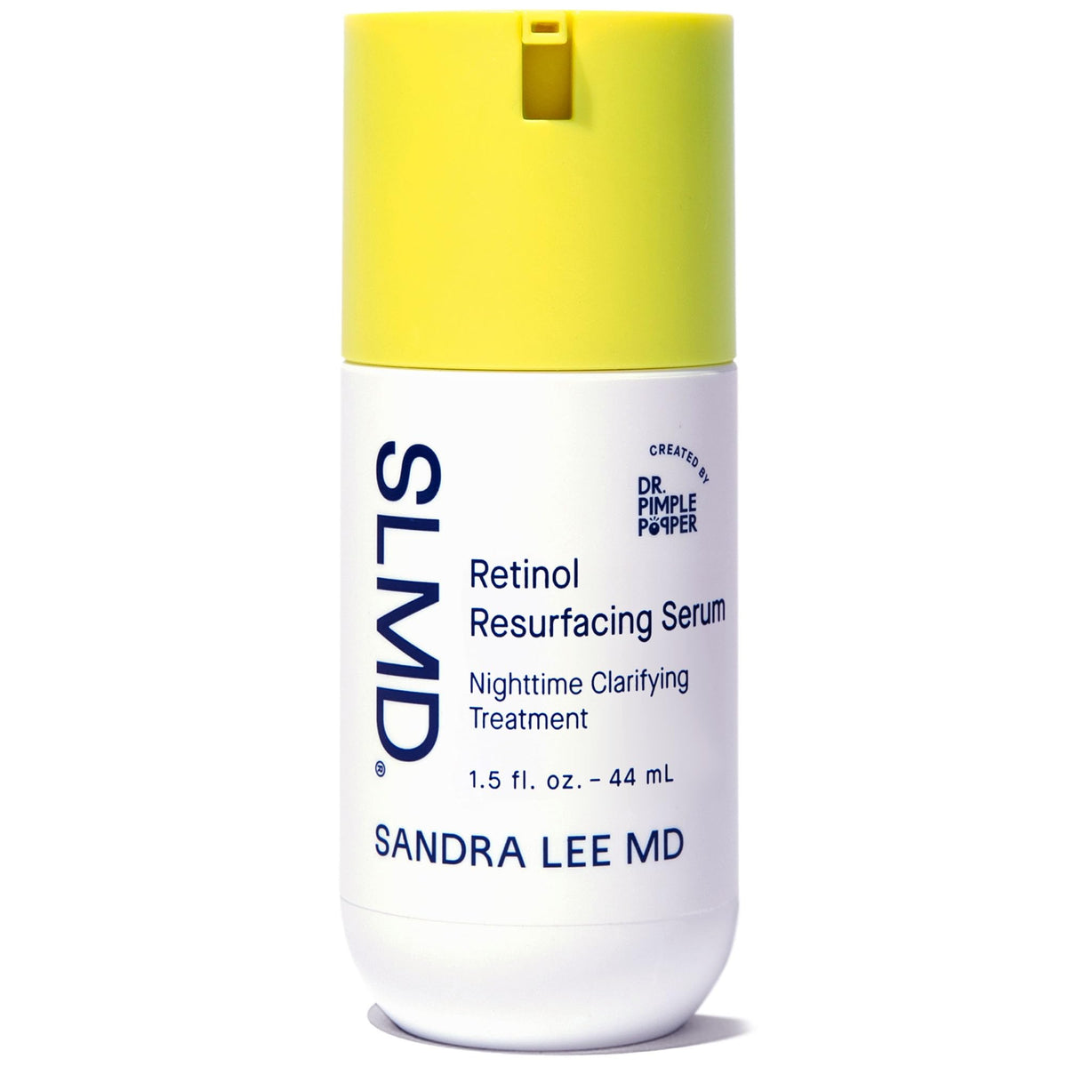 SLMD Resurfacing Retinol Serum bottle closeup shows night-ready treatment for smoother skin