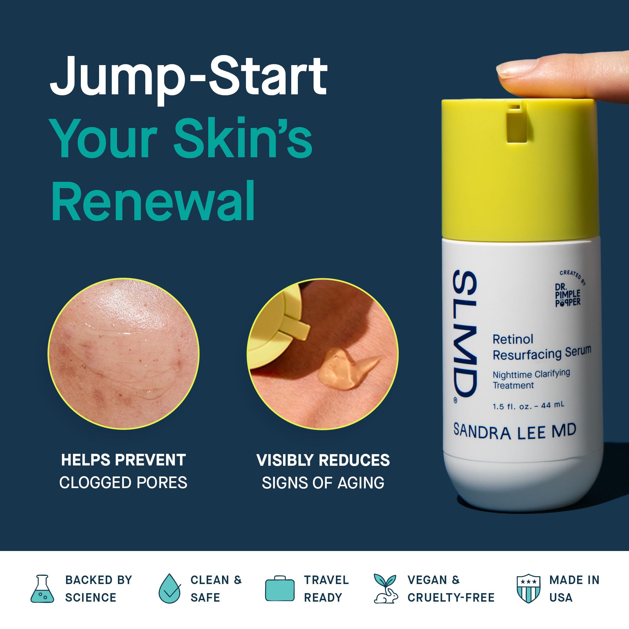 SLMD Resurfacing Retinol Serum gel-texture closeup highlights lightweight, non-greasy nightly use