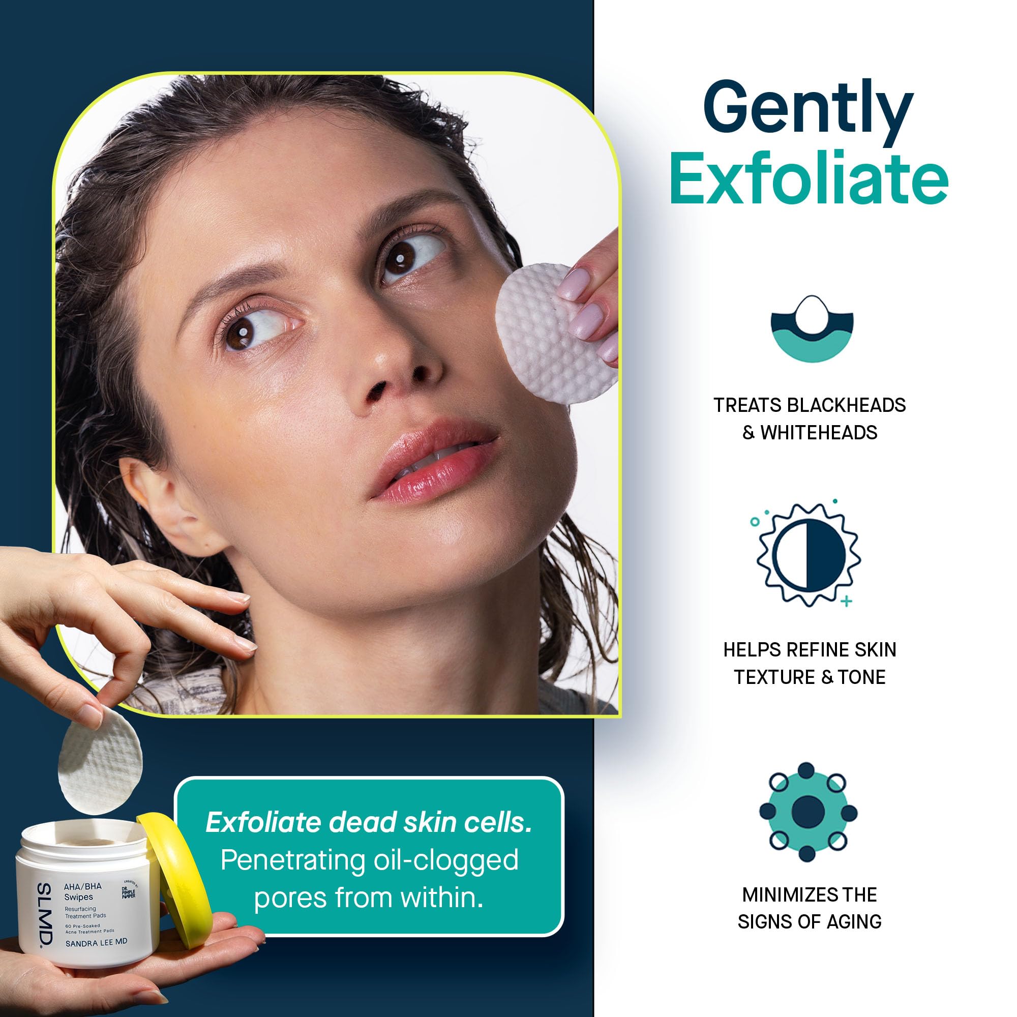 SLMD toner pad face application shows easy swipe for clear pores and even tone.