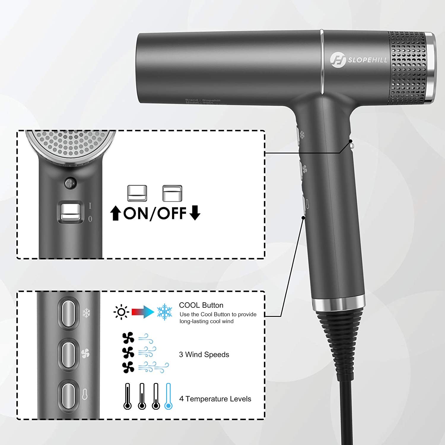 Slopehill hair dryer delivers up to 58mps airflow for quick drying.