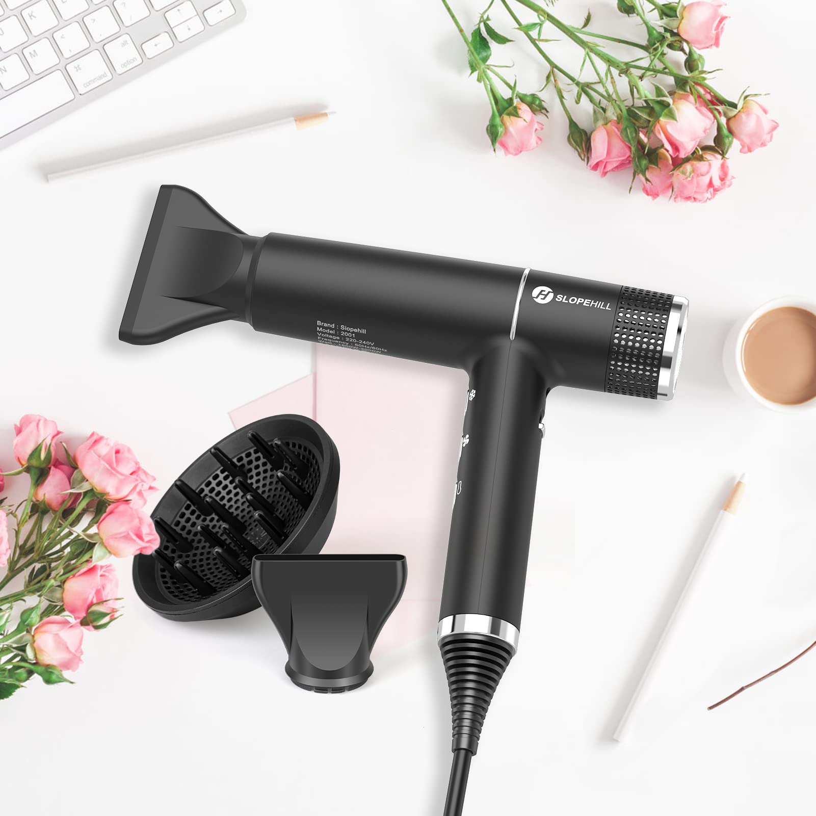 Slopehill hair dryer black finish complements modern home styling.