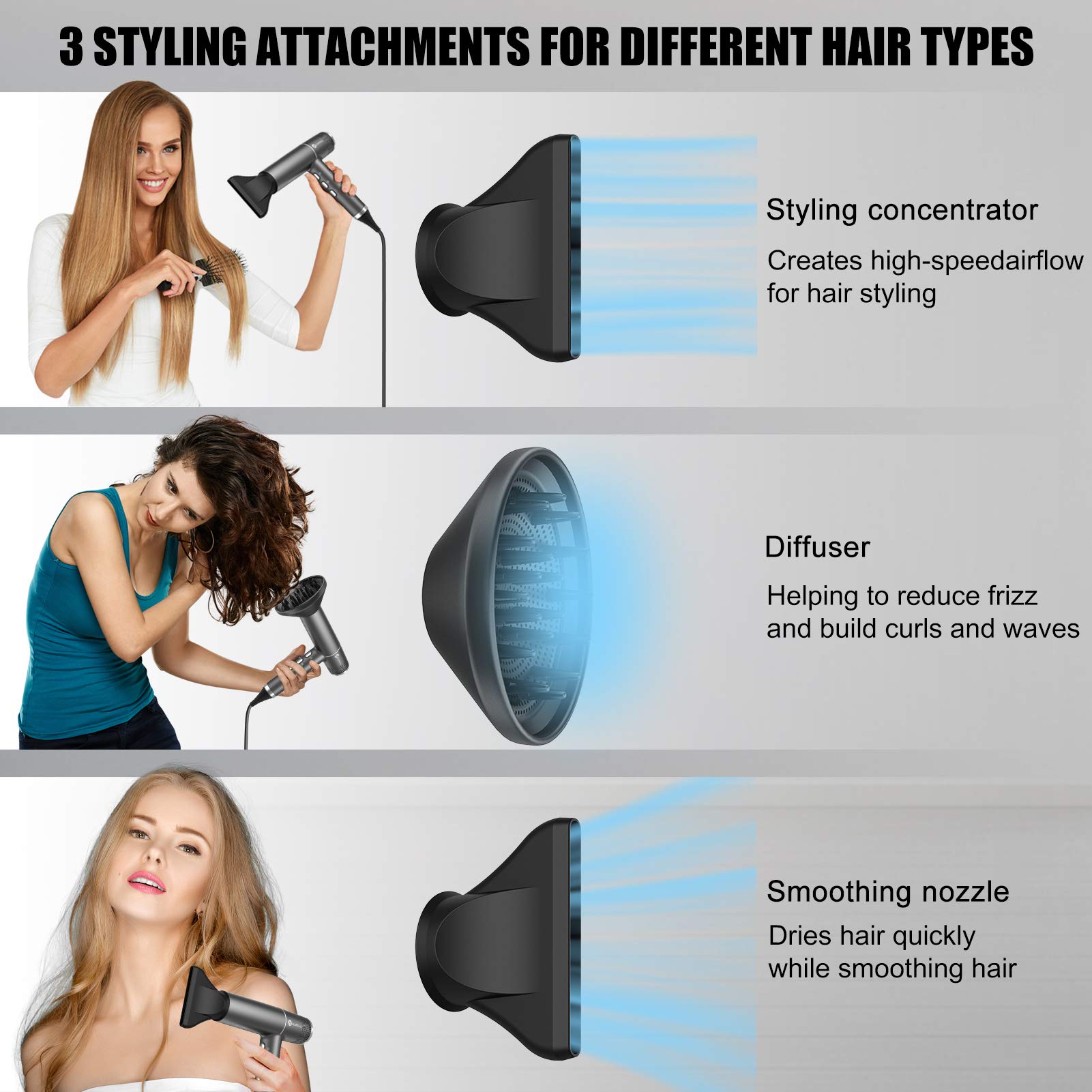 Slopehill hair dryer uses sinking-inlet to minimize hair suction during use.