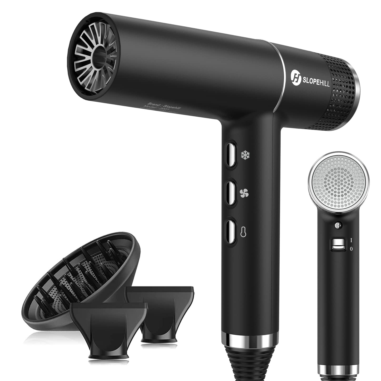 Slopehill hair dryer with brushless motor for smooth, fast drying.