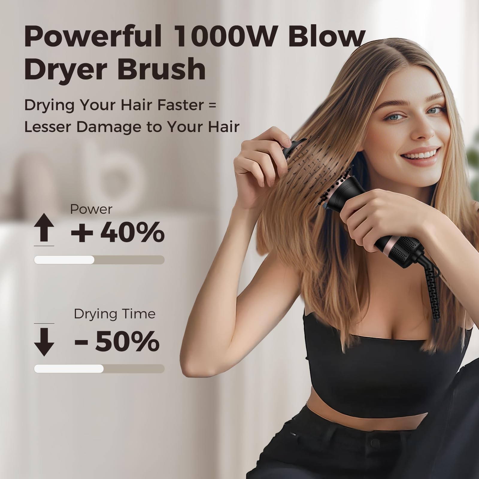 Slopehill mini travel dual voltage hair dryer brush shows 1000W power for quick drying