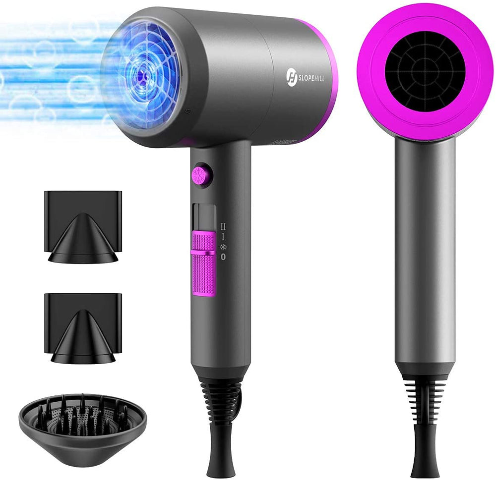 slopehill professional ionic hair dryer front view demonstrates strong airflow for quick styling.